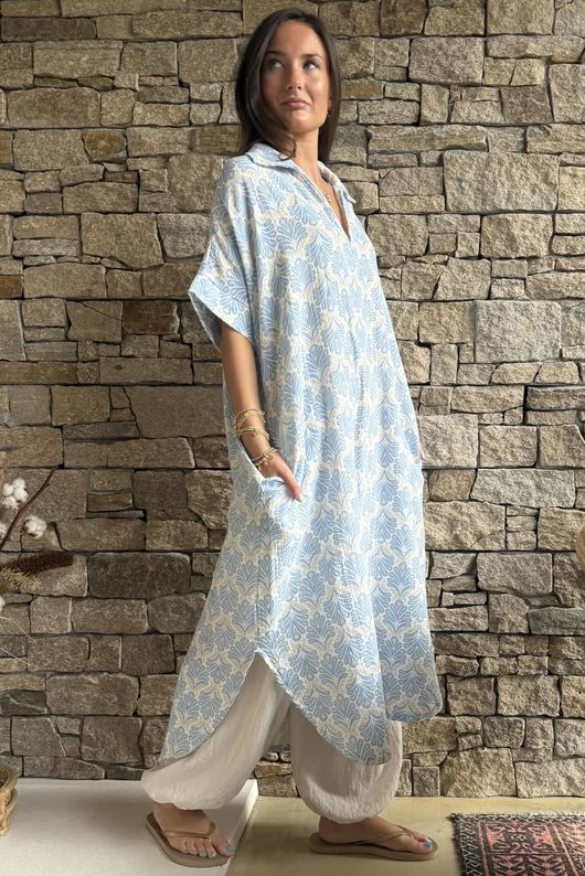 Royal Palm Pillow Cotton Dress Blue